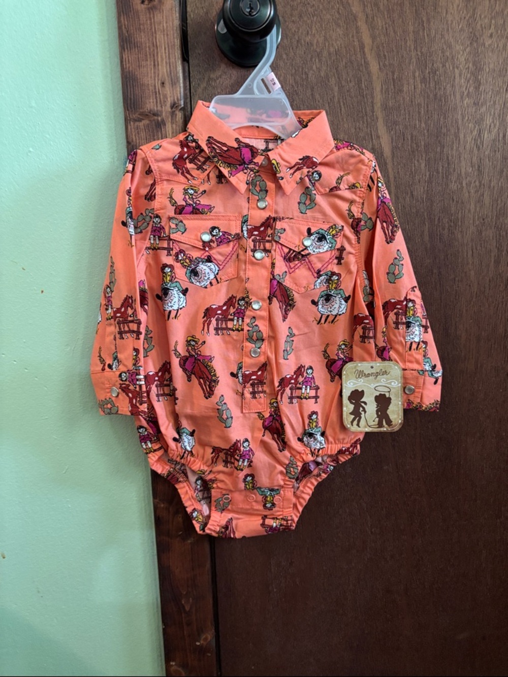 Wrangler Peach Western Print Long-Sleeve Infant Bodysuit
